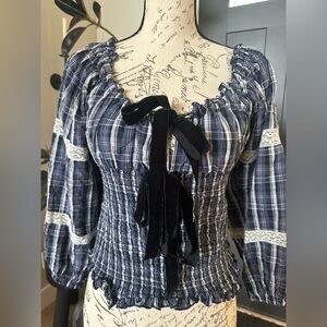 Urban Outfitters Navy Plaid Smocked Blouse